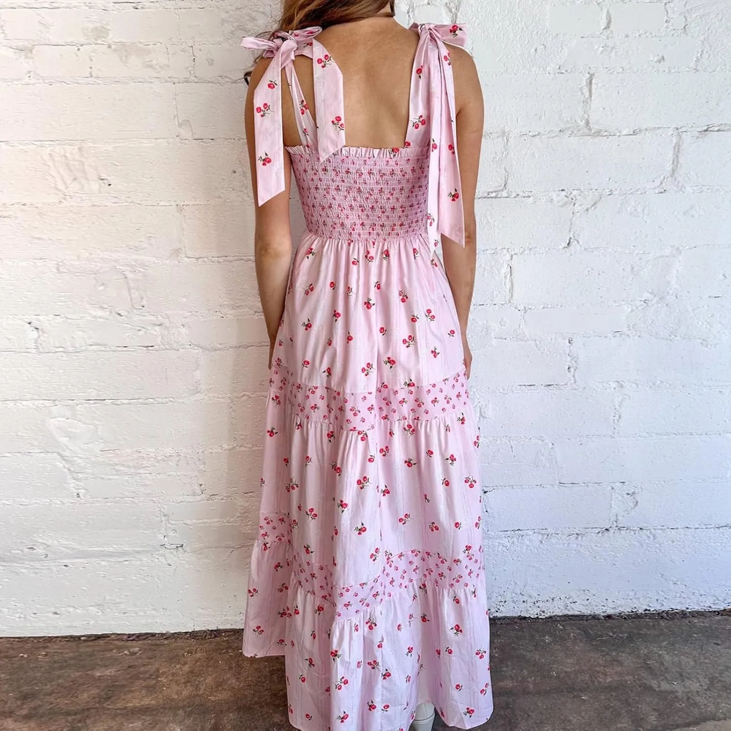 Juakoso Women Boho Tie Shoulder Floral Dress Y2k Sleeveless Smocked Ruffle Maxi Dress Backless Flowy Long Dress Outfits