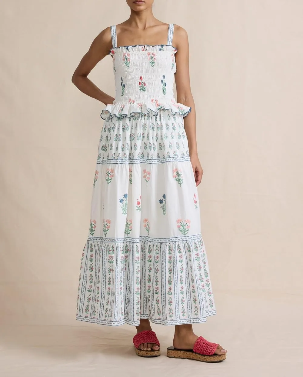 Juakoso Women Boho Tie Shoulder Floral Dress Y2k Sleeveless Smocked Ruffle Maxi Dress Backless Flowy Long Dress Outfits