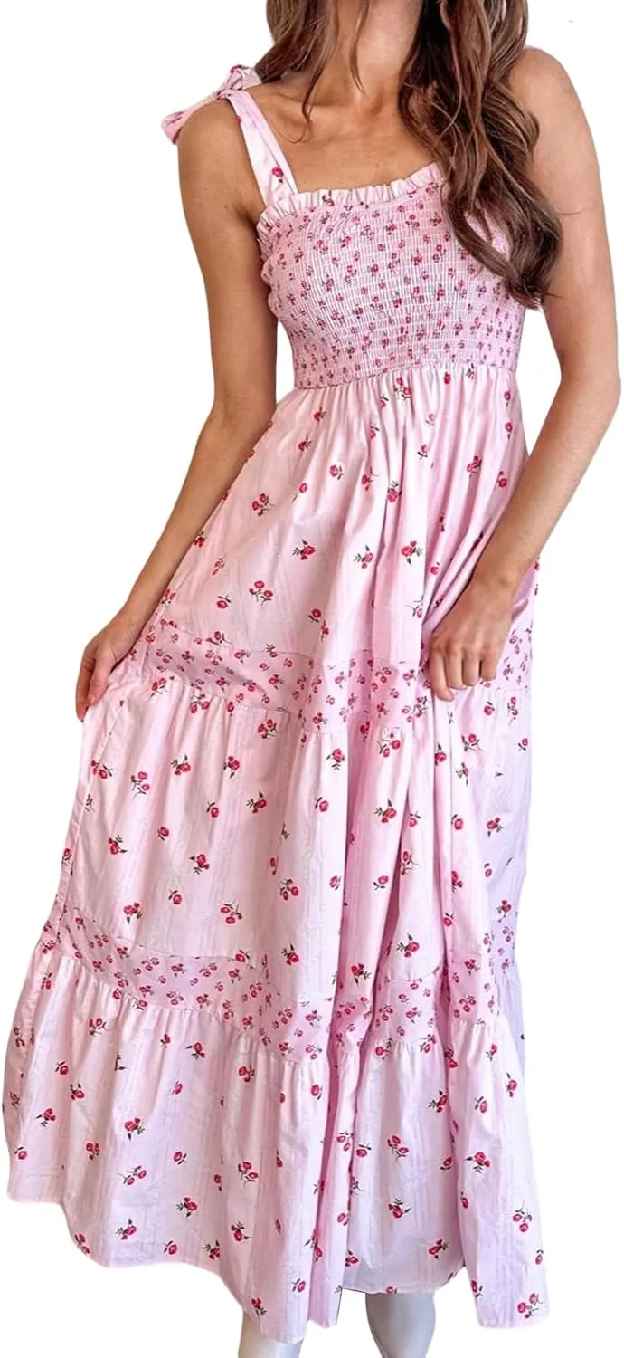 Juakoso Women Boho Tie Shoulder Floral Dress Y2k Sleeveless Smocked Ruffle Maxi Dress Backless Flowy Long Dress Outfits