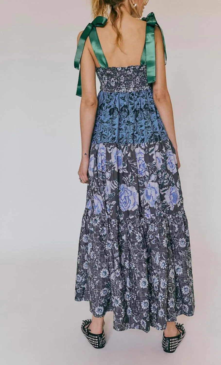 Juakoso Women Boho Tie Shoulder Floral Dress Y2k Sleeveless Smocked Ruffle Maxi Dress Backless Flowy Long Dress Outfits