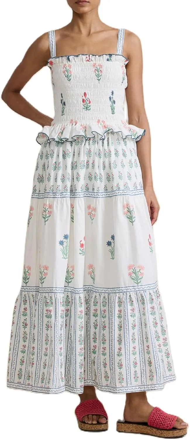 Juakoso Women Boho Tie Shoulder Floral Dress Y2k Sleeveless Smocked Ruffle Maxi Dress Backless Flowy Long Dress Outfits