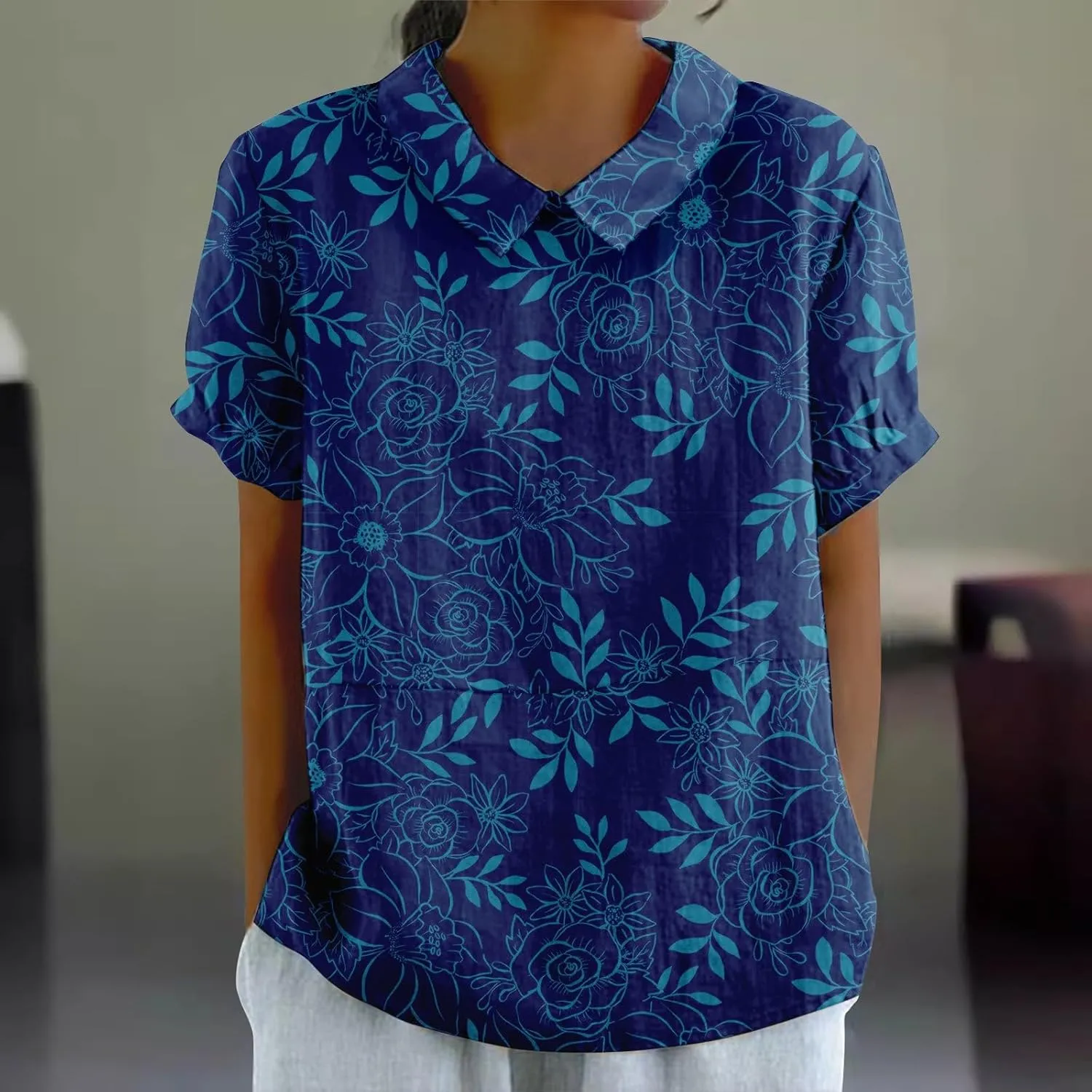 Linen Shirt Women,Summer Lightweight Short Sleeve Tunic Tshirts Lapel Collared Boho Tops Work Casual Blouses