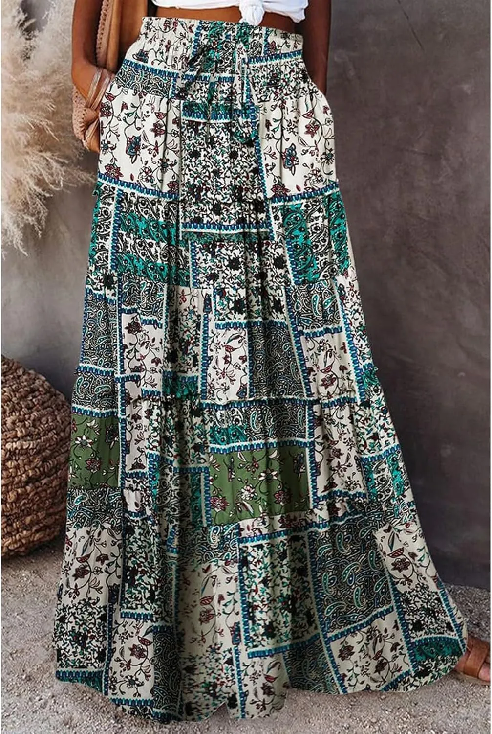 Long Skirts for Women Summer Elastic Waist Peasant Casual Festival Trendy Vacation Floral Beach Pleated Country Swing Skirts