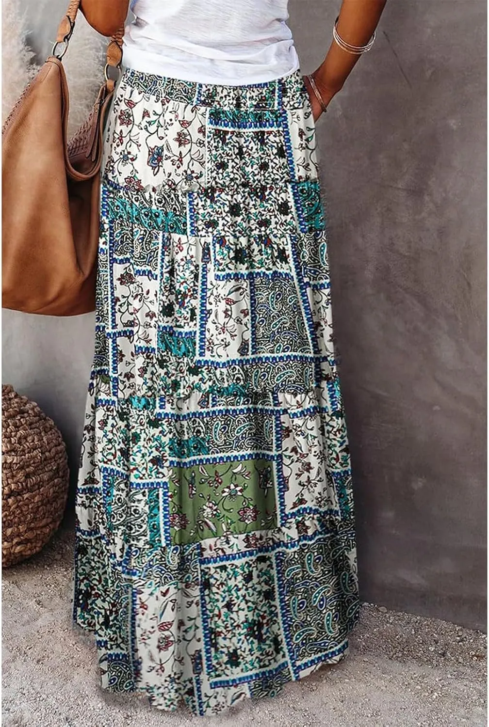Long Skirts for Women Summer Elastic Waist Peasant Casual Festival Trendy Vacation Floral Beach Pleated Country Swing Skirts