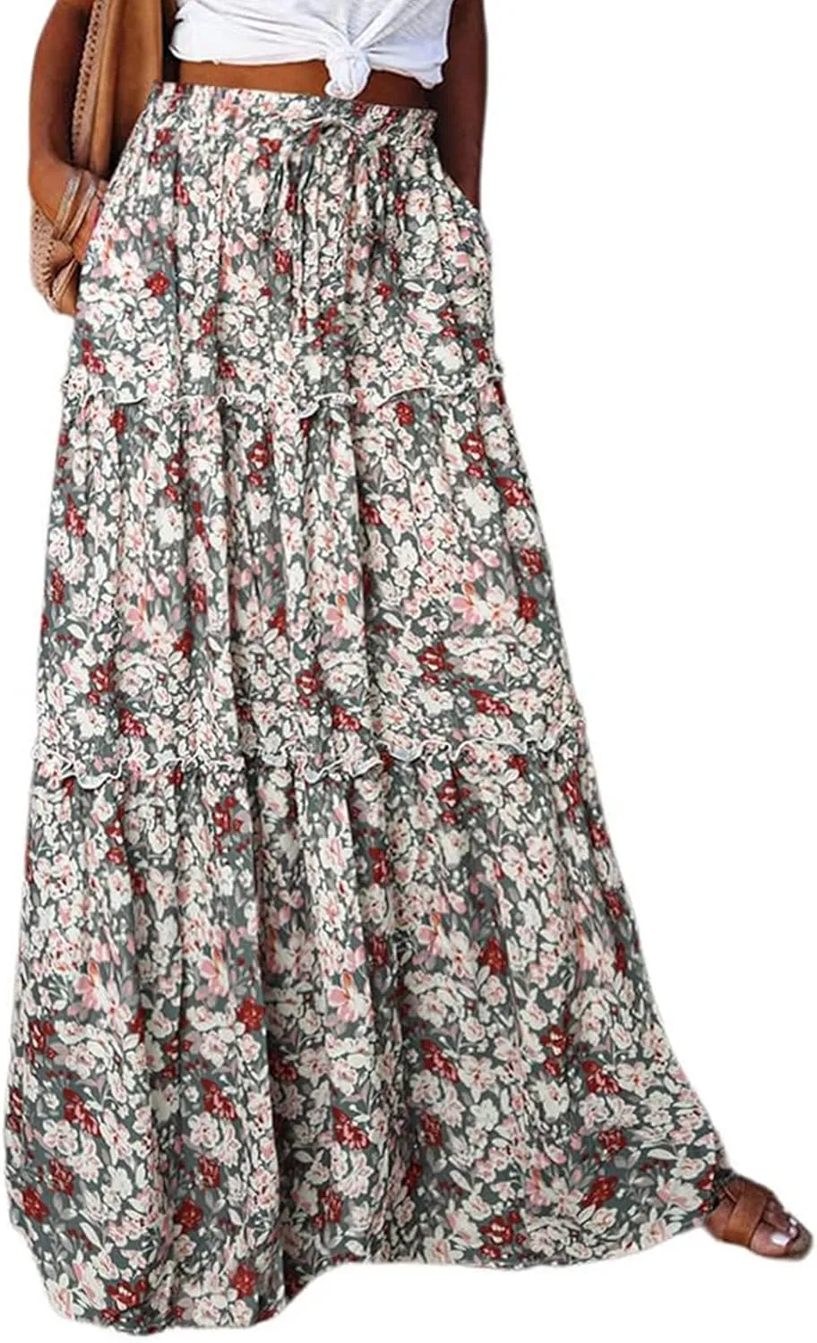 Long Skirts for Women Summer Elastic Waist Peasant Casual Festival Trendy Vacation Floral Beach Pleated Country Swing Skirts