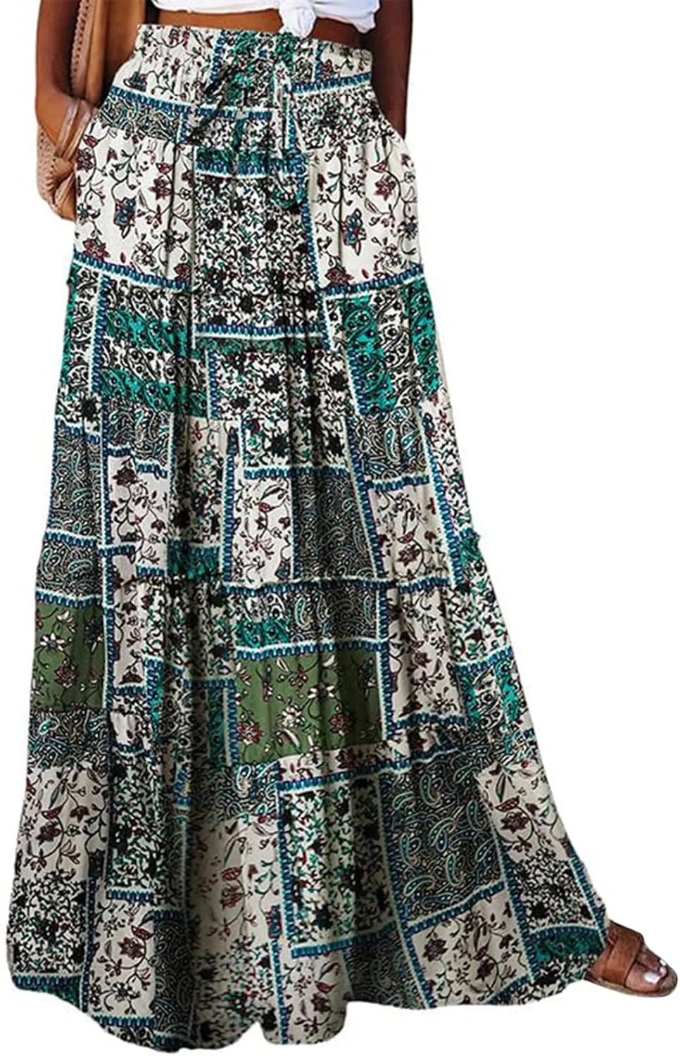 Long Skirts for Women Summer Elastic Waist Peasant Casual Festival Trendy Vacation Floral Beach Pleated Country Swing Skirts