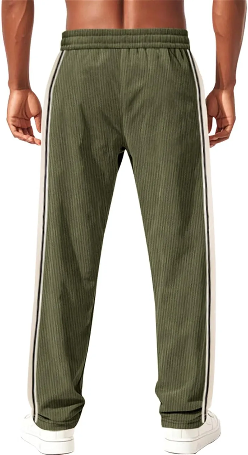 Men's Corduroy Sweatpants Casual Drawstring Stretch Pants Wide Leg Stripes Sweatpant Outdoor Stylish Athletic Pants