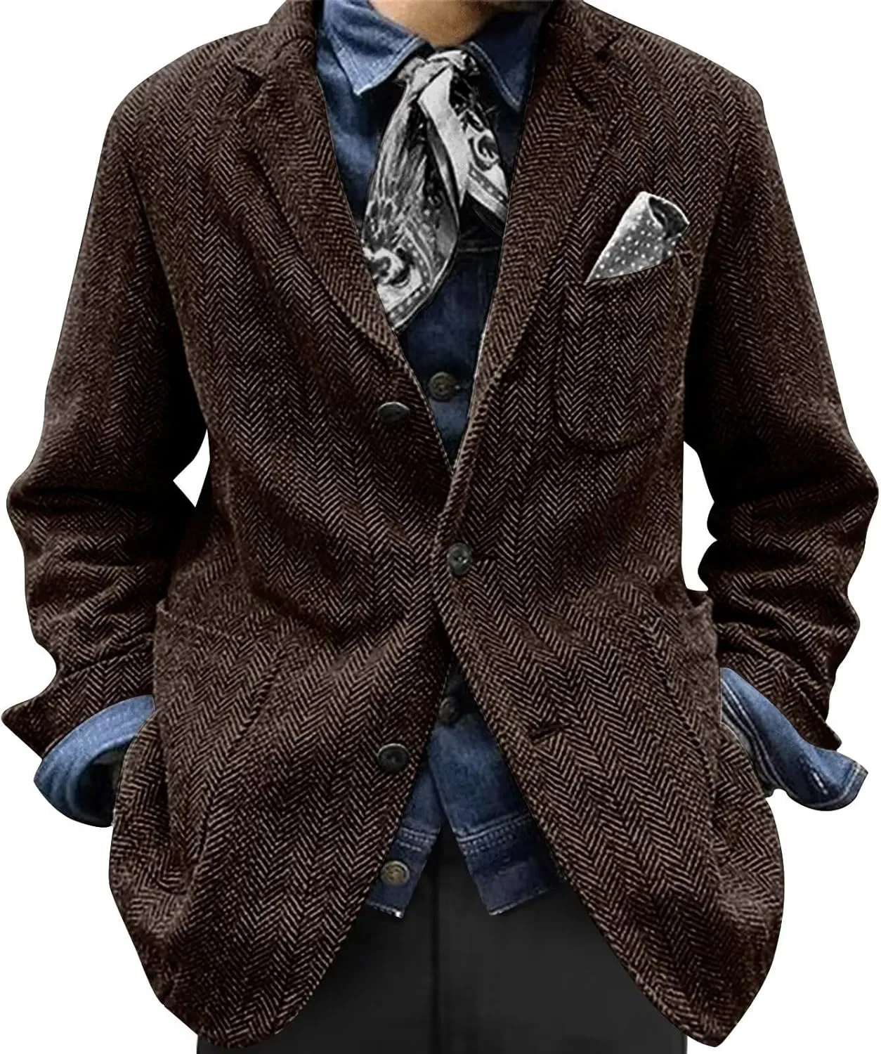 Mens Herringbone Suit Blazer Retro Vintage Slim Fit Tweed Jacket Three Button Chic Sport Coat Wedding