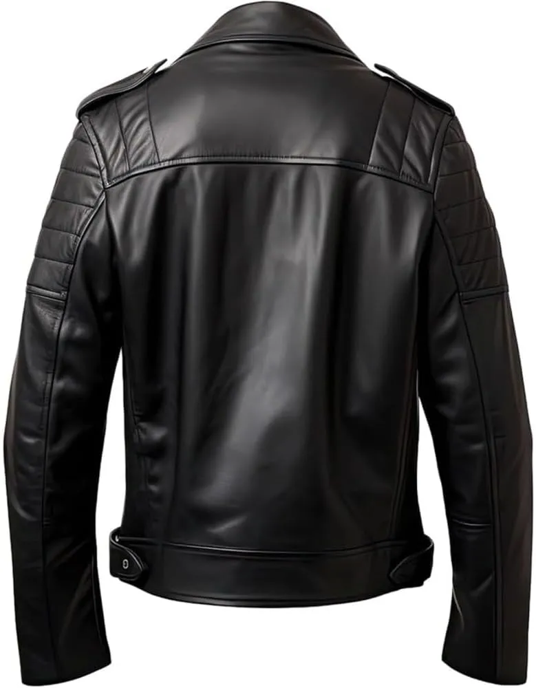 Mens Vintage Stylish Double Rider Moto Jacket Genuine Sheepskin Leather Zipper Waist Belt Motorcycle Coat Streetwear