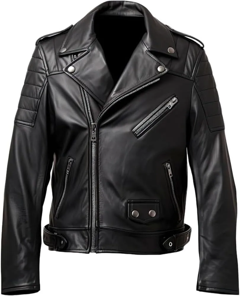 Mens Vintage Stylish Double Rider Moto Jacket Genuine Sheepskin Leather Zipper Waist Belt Motorcycle Coat Streetwear