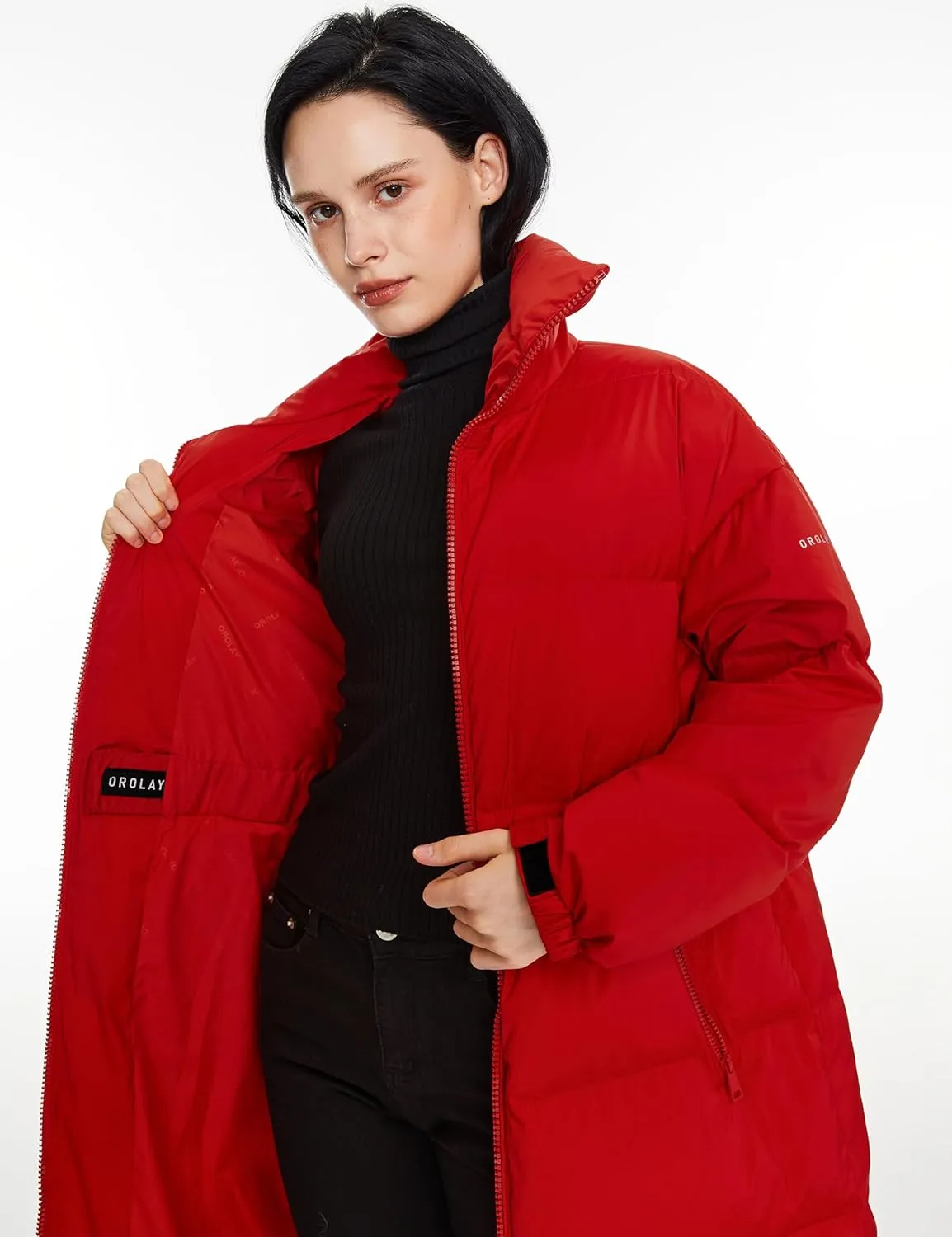 Orolay Women's Long Down Jacket Stylish Puffer Jacket Warm Winter Coat with Belt