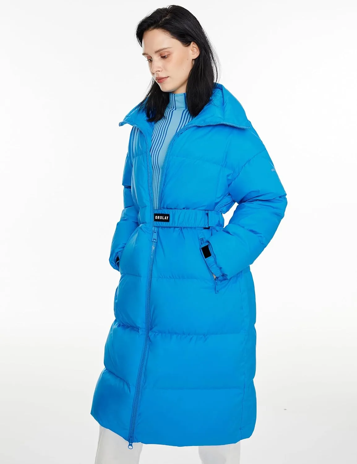 Orolay Women's Long Down Jacket Stylish Puffer Jacket Warm Winter Coat with Belt