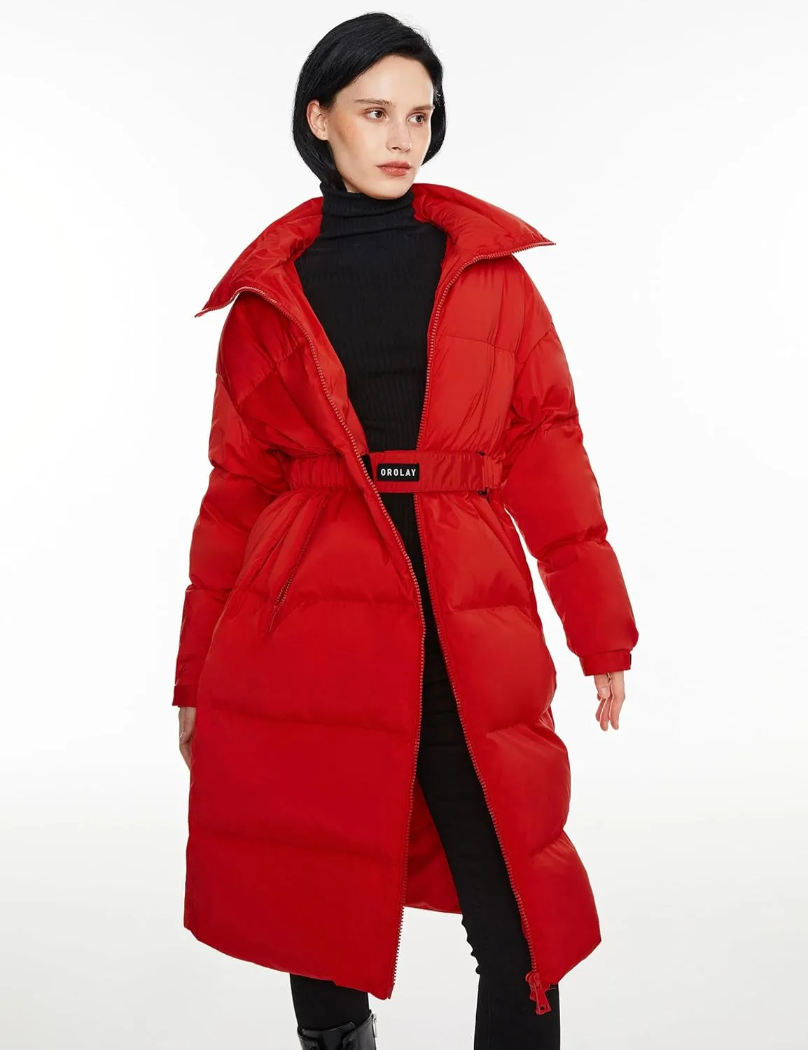 Orolay Women's Long Down Jacket Stylish Puffer Jacket Warm Winter Coat with Belt