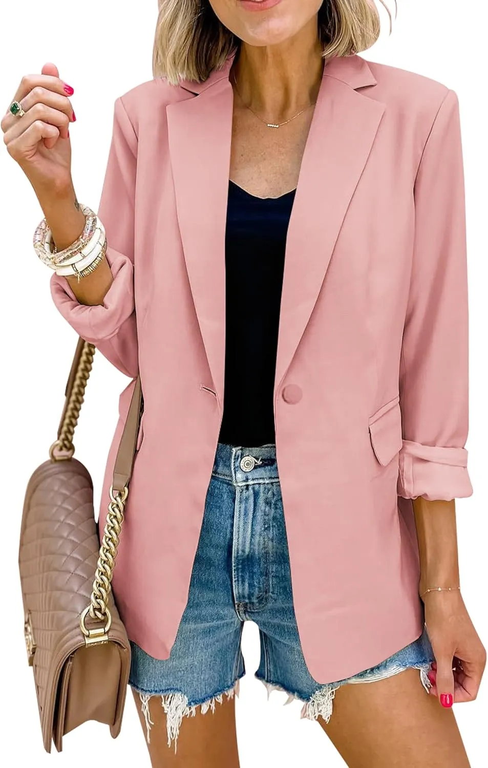 PRETTYGARDEN Women's Casual Blazers Long Sleeve Open Front Button Work Office Blazer Jackets with Pockets