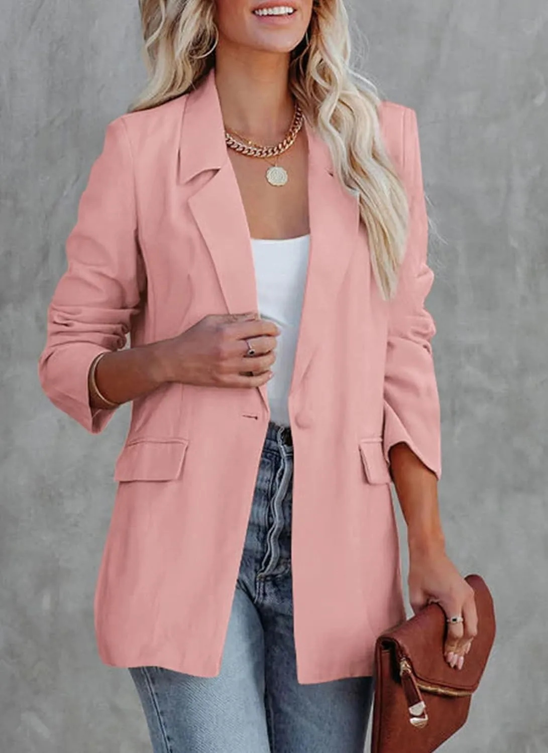 PRETTYGARDEN Women's Casual Blazers Long Sleeve Open Front Button Work Office Blazer Jackets with Pockets