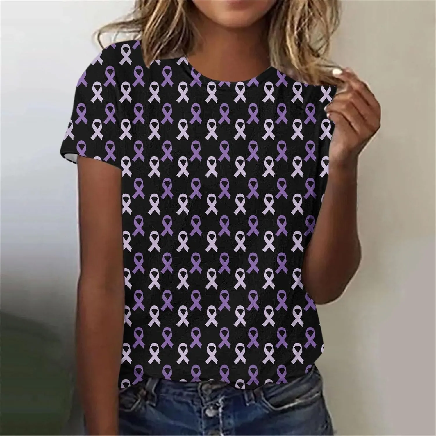 Purple Alzheimers Awareness Shirts Women Summer Floral Print Tops Soft O Neck Short Sleeve Lightweight Breathable Tee