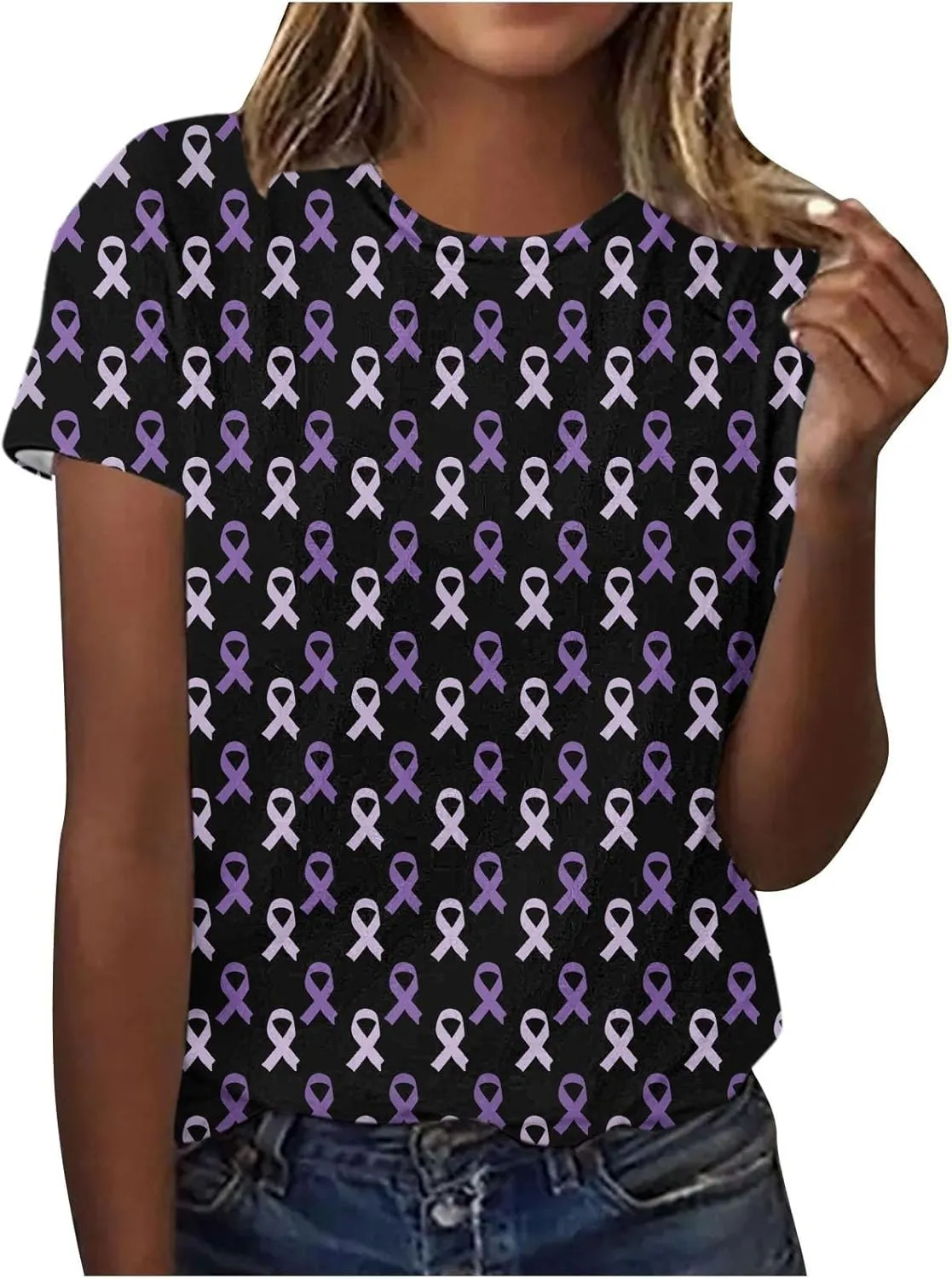 Purple Alzheimers Awareness Shirts Women Summer Floral Print Tops Soft O Neck Short Sleeve Lightweight Breathable Tee