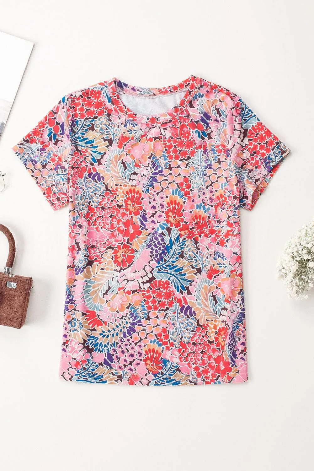 Red Short Sleeve Floral Print Top - Soft and Breathable Material Top