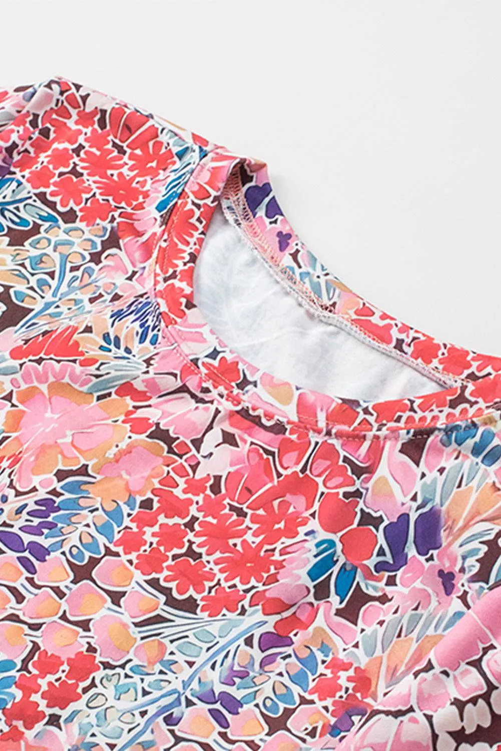 Red Short Sleeve Floral Print Top - Soft and Breathable Material Top