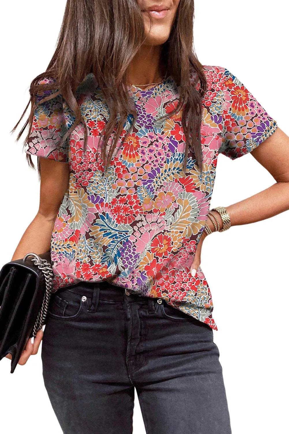 Red Short Sleeve Floral Print Top - Soft and Breathable Material Top