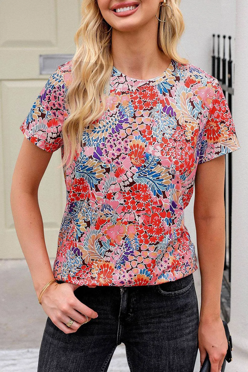 Red Short Sleeve Floral Print Top - Soft and Breathable Material Top