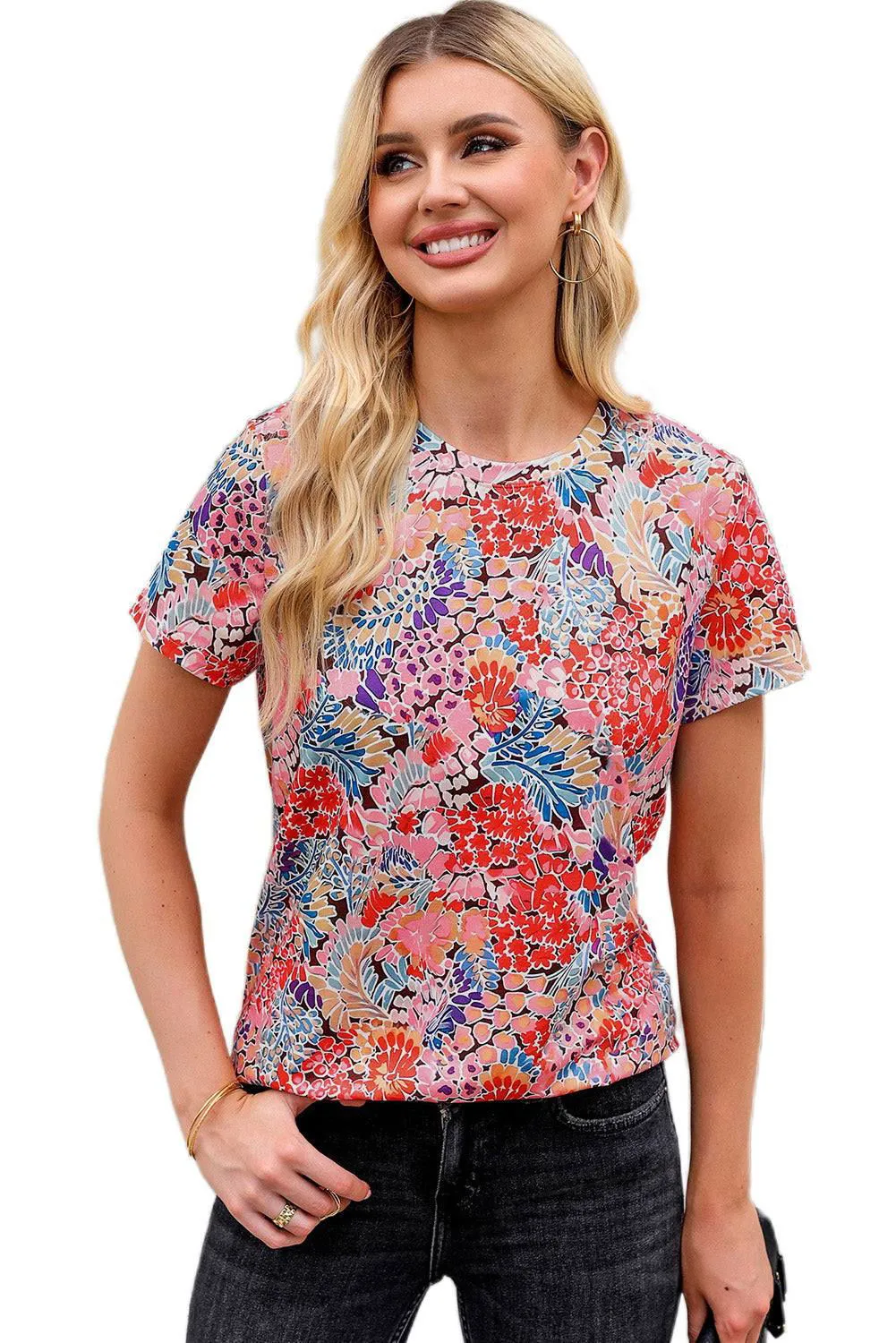 Red Short Sleeve Floral Print Top - Soft and Breathable Material Top