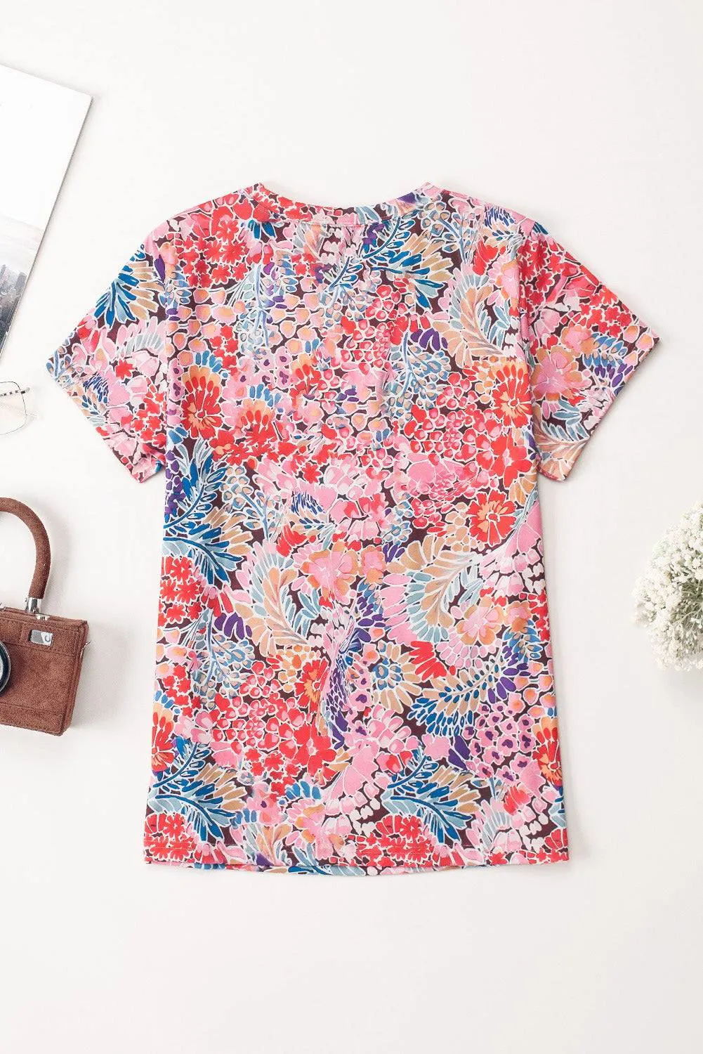 Red Short Sleeve Floral Print Top - Soft and Breathable Material Top