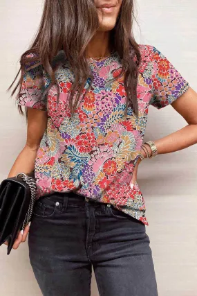 Red Short Sleeve Floral Print Top - Soft and Breathable Material Top
