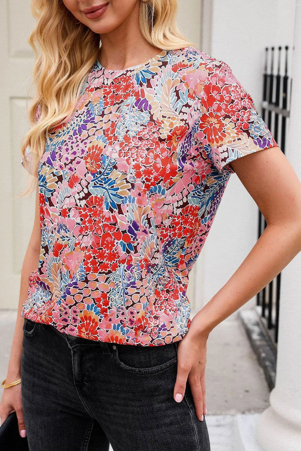 Red Short Sleeve Floral Print Top - Soft and Breathable Material Top