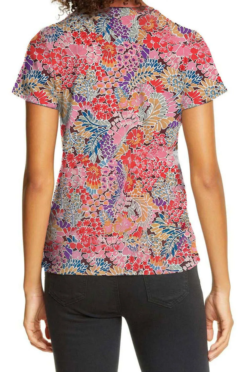 Red Short Sleeve Floral Print Top - Soft and Breathable Material Top