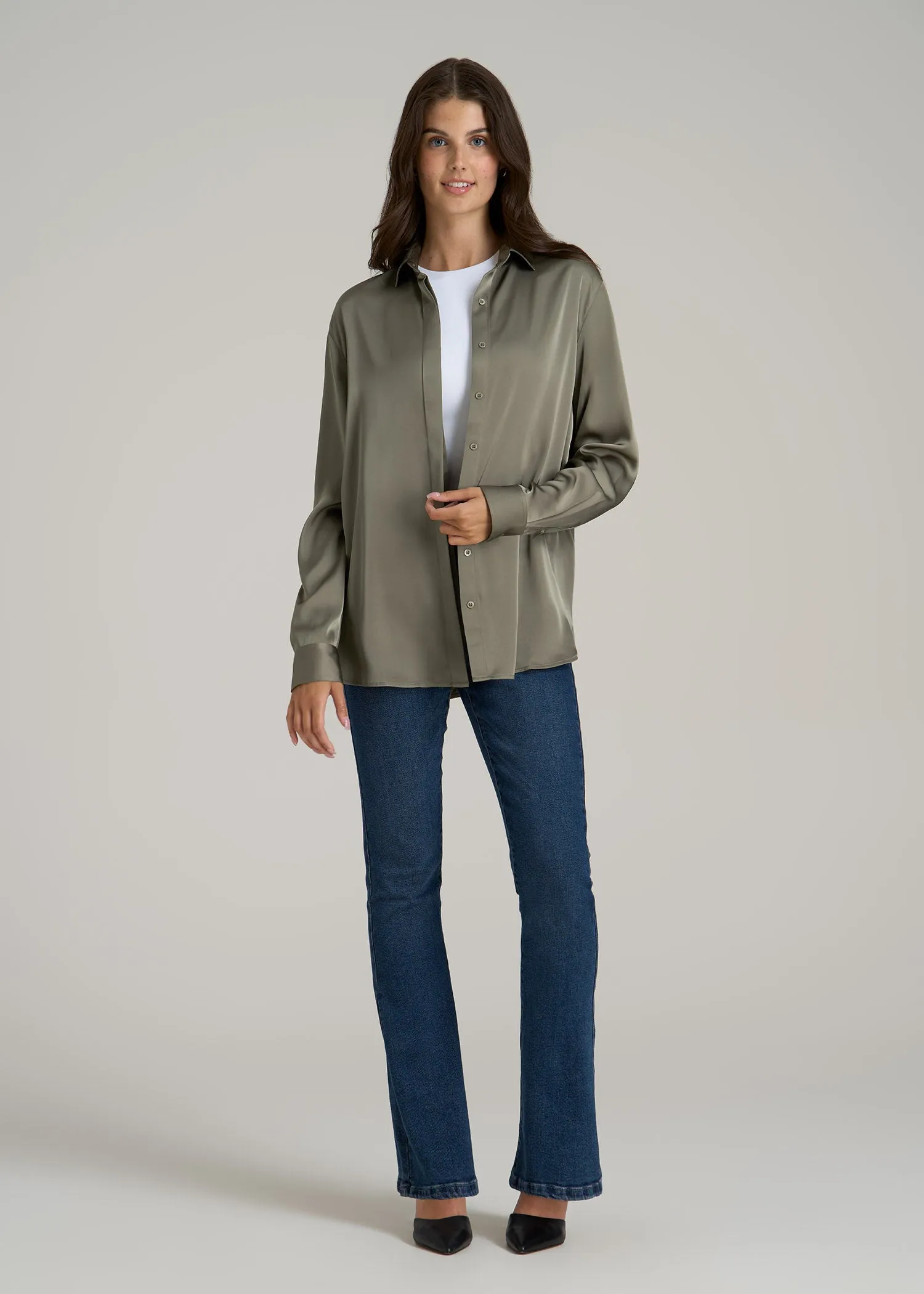 Relaxed Button Up Tall Women's Blouse in Camper Green