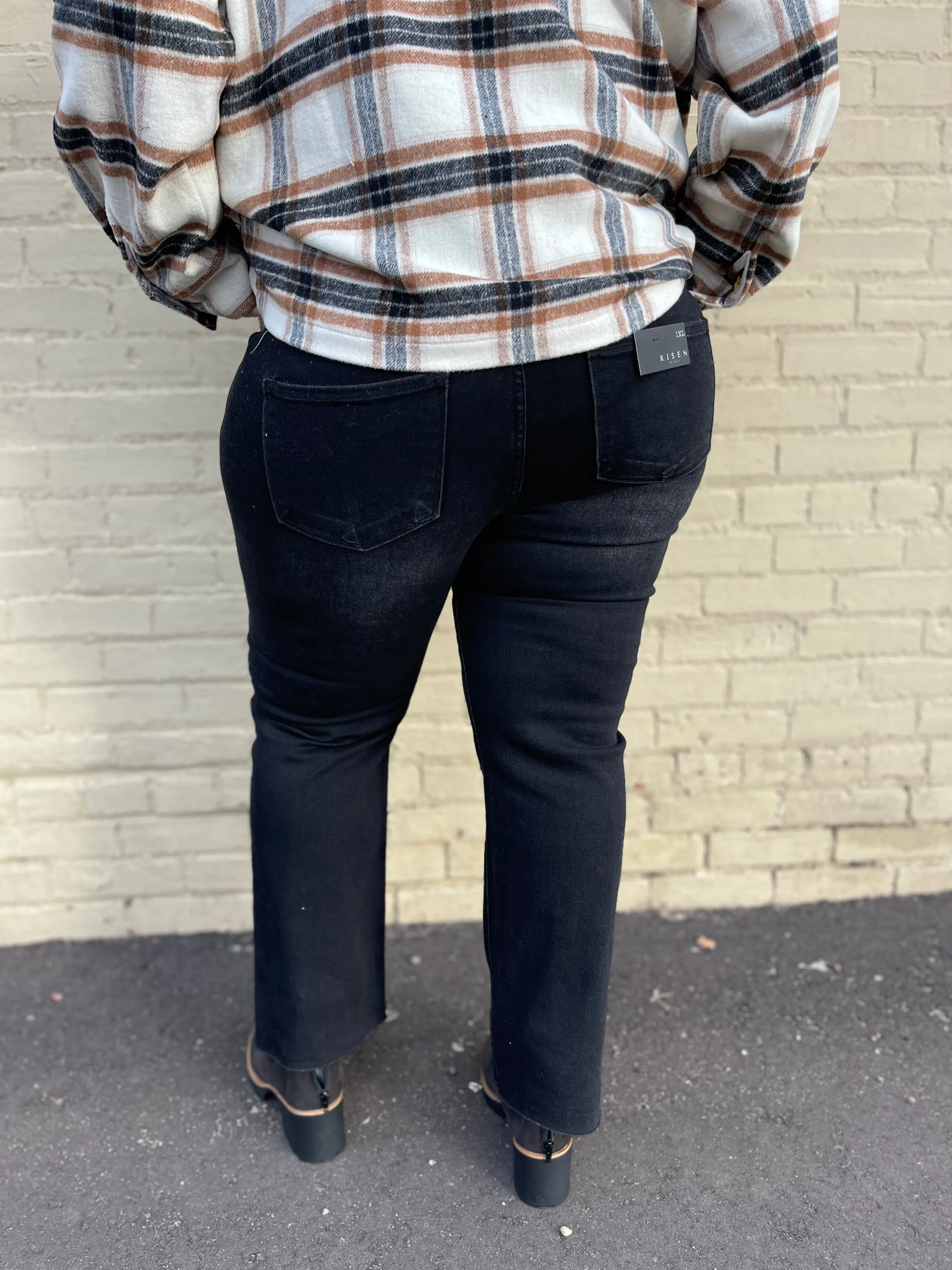 Risen Mid Rise Raw Edge Hem Straight Jeans