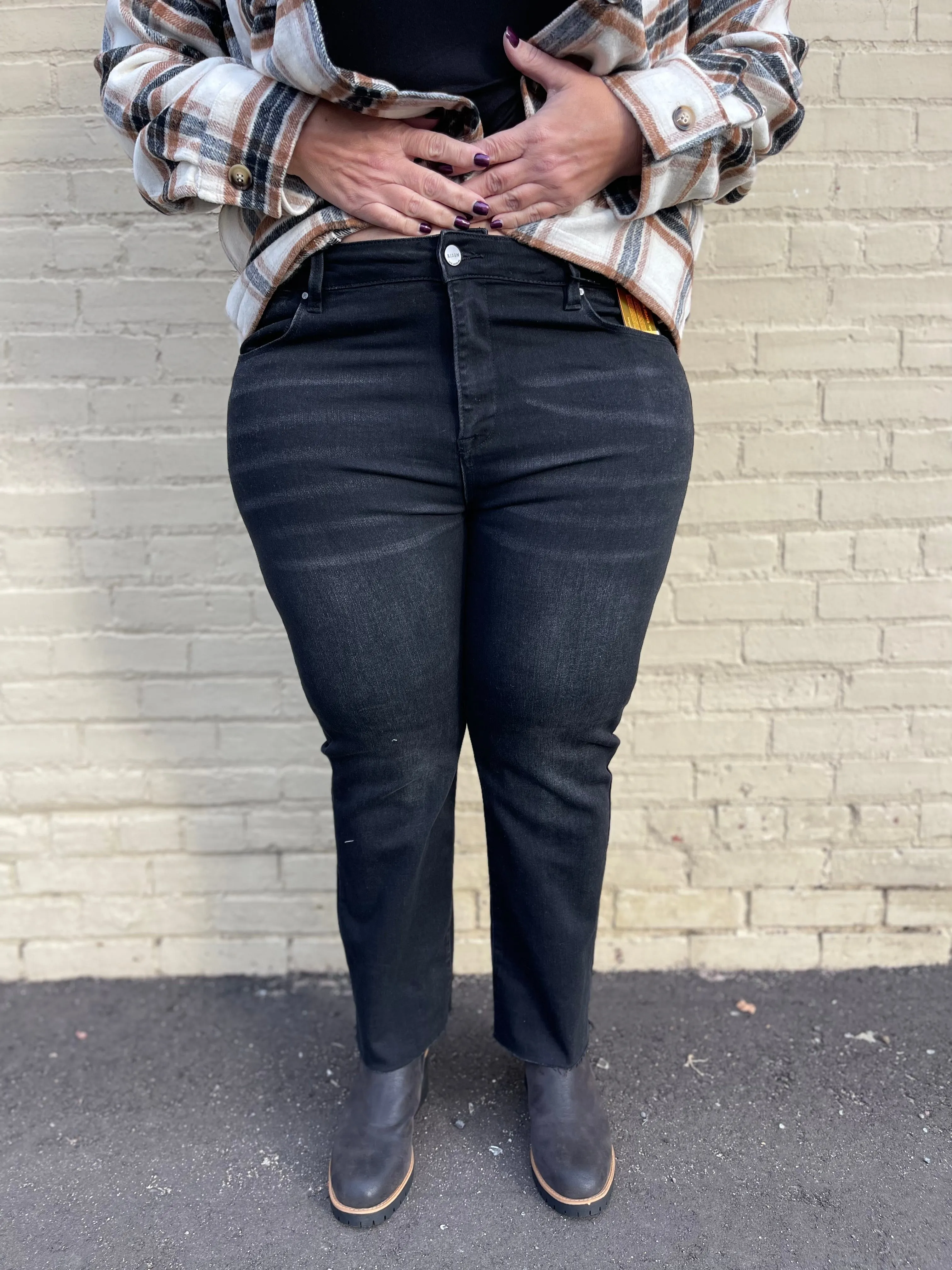 Risen Mid Rise Raw Edge Hem Straight Jeans