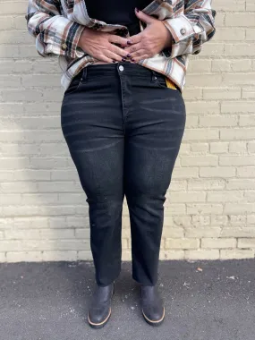 Risen Mid Rise Raw Edge Hem Straight Jeans