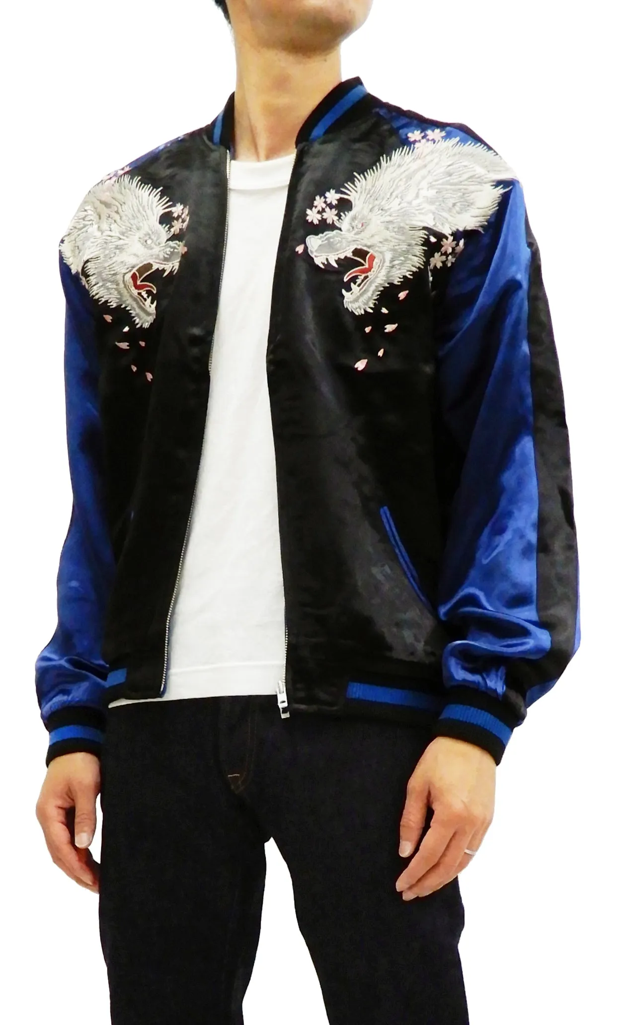 Satori Script Men's Japanese Souvenir Jacket Wolf with Moon Sukajan GSJR-025 Black/Dark-Blue