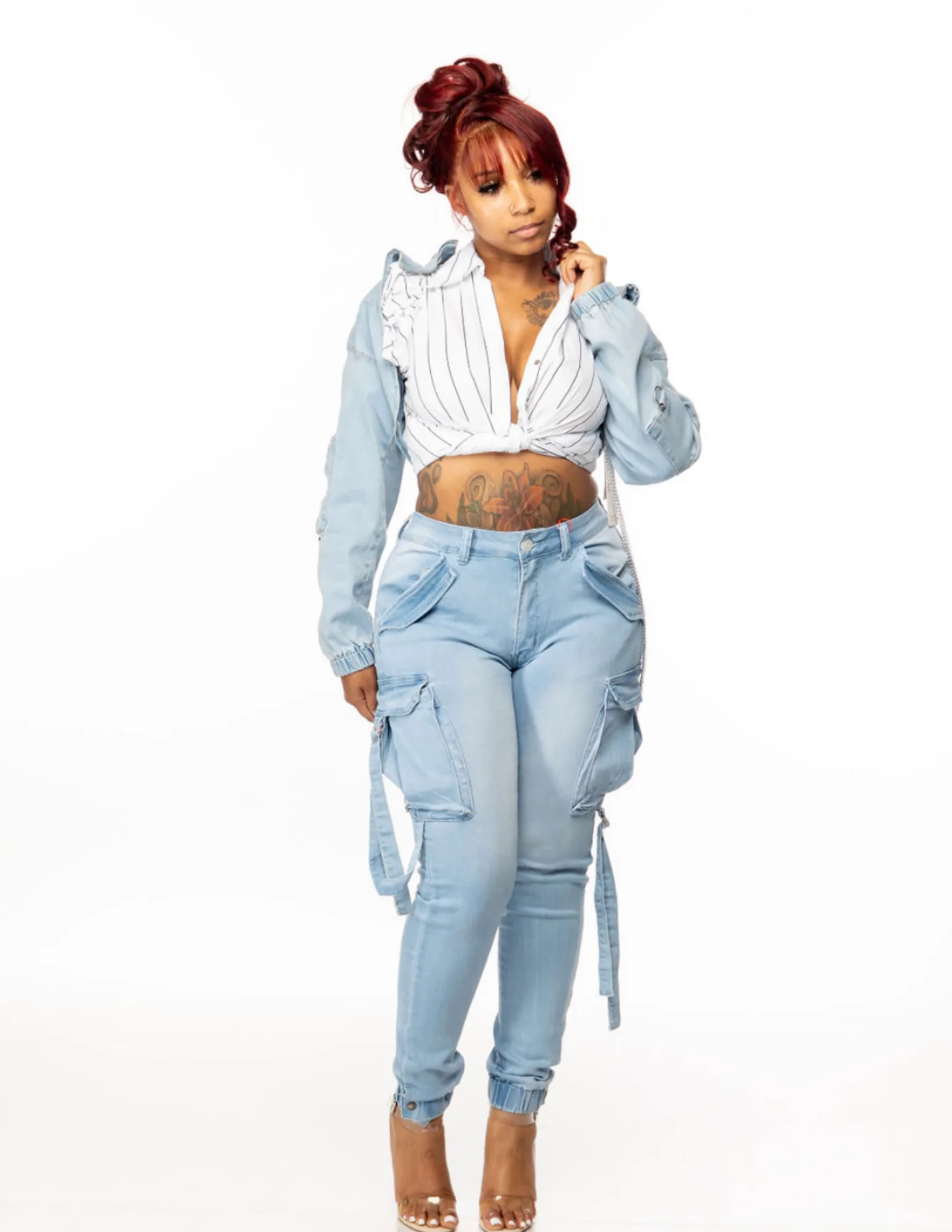 SNOB Alexa DENIM Cargo High Waist Stretchy Jean Set- Light Wash