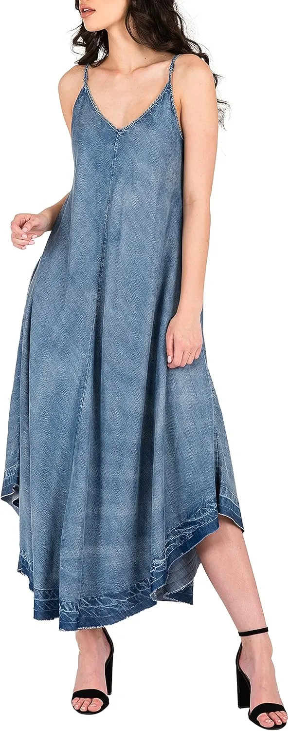 Standards & Practices Modern Women's V-Neck Indigo Tencel Denim Slip Maxi Dress