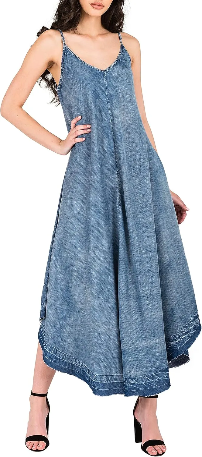 Standards & Practices Modern Women's V-Neck Indigo Tencel Denim Slip Maxi Dress