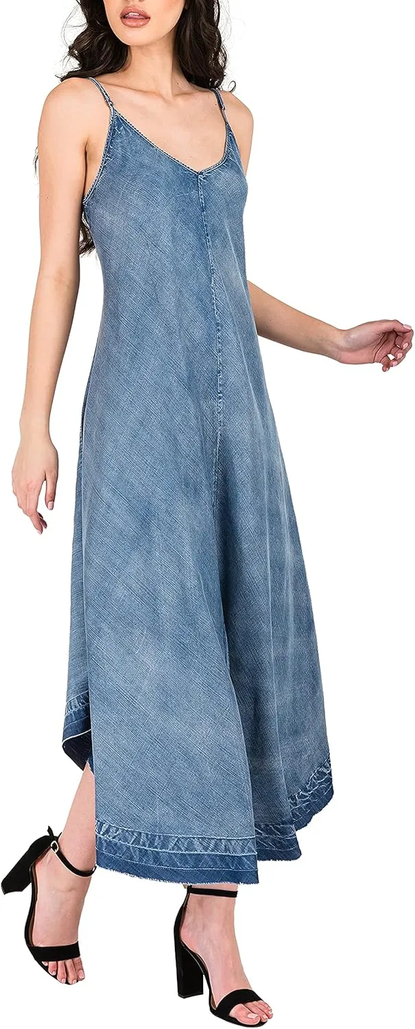 Standards & Practices Modern Women's V-Neck Indigo Tencel Denim Slip Maxi Dress