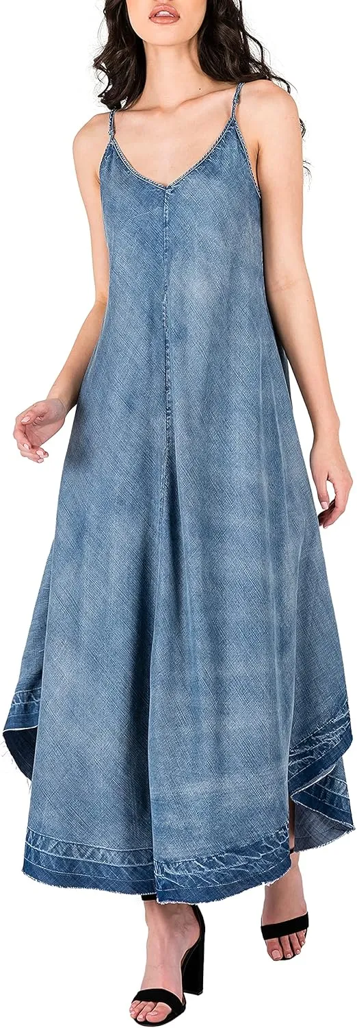Standards & Practices Modern Women's V-Neck Indigo Tencel Denim Slip Maxi Dress