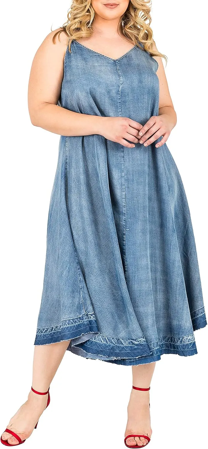 Standards & Practices Women's Plus Size V-Neck A-Line Tencel Denim Maxi Dress