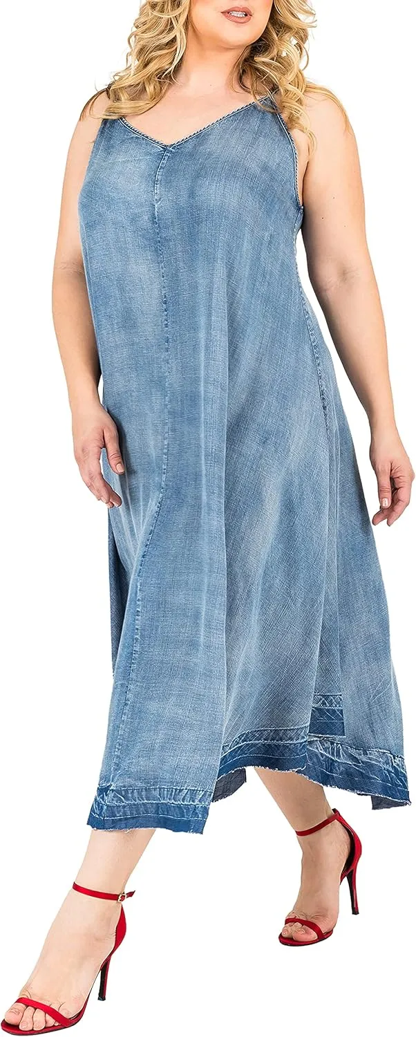 Standards & Practices Women's Plus Size V-Neck A-Line Tencel Denim Maxi Dress