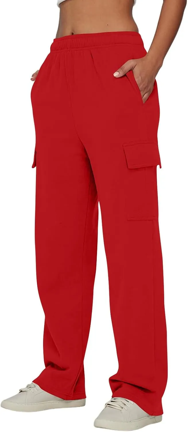 Straight Leg Cargo Sweatpants Women Baggy Fleece Elastic High Waisted Joggers Pants Casual Comfy Soft Parachute Pant