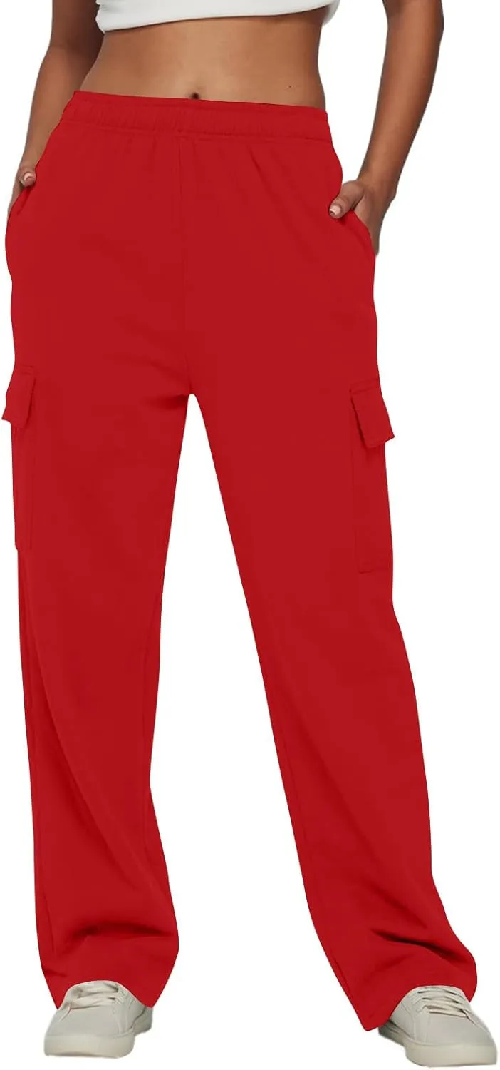 Straight Leg Cargo Sweatpants Women Baggy Fleece Elastic High Waisted Joggers Pants Casual Comfy Soft Parachute Pant