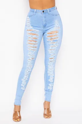 Super High Waisted Super Distressed Skinny Jeans - Light Denim