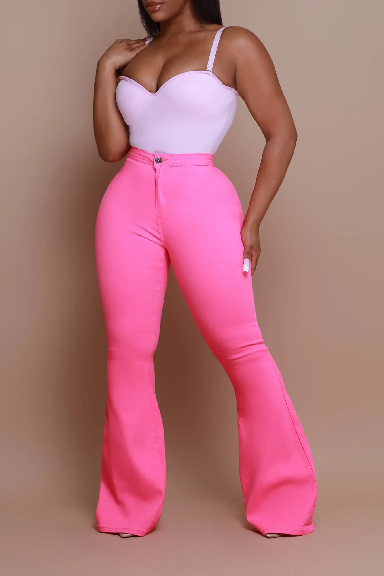 Super Swank High Rise Flare Stretchy Jeans - Neon Pink