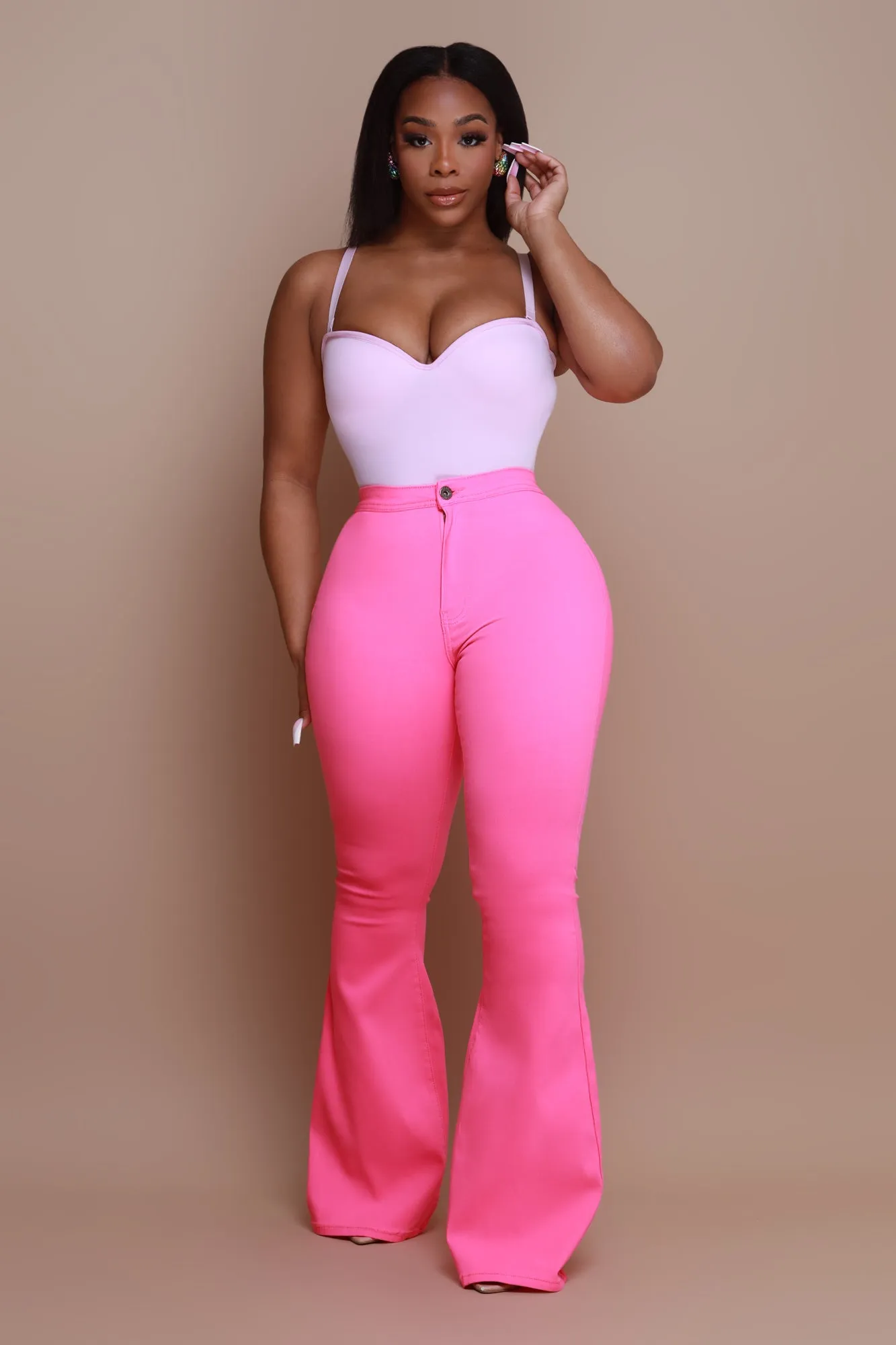 Super Swank High Rise Flare Stretchy Jeans - Neon Pink