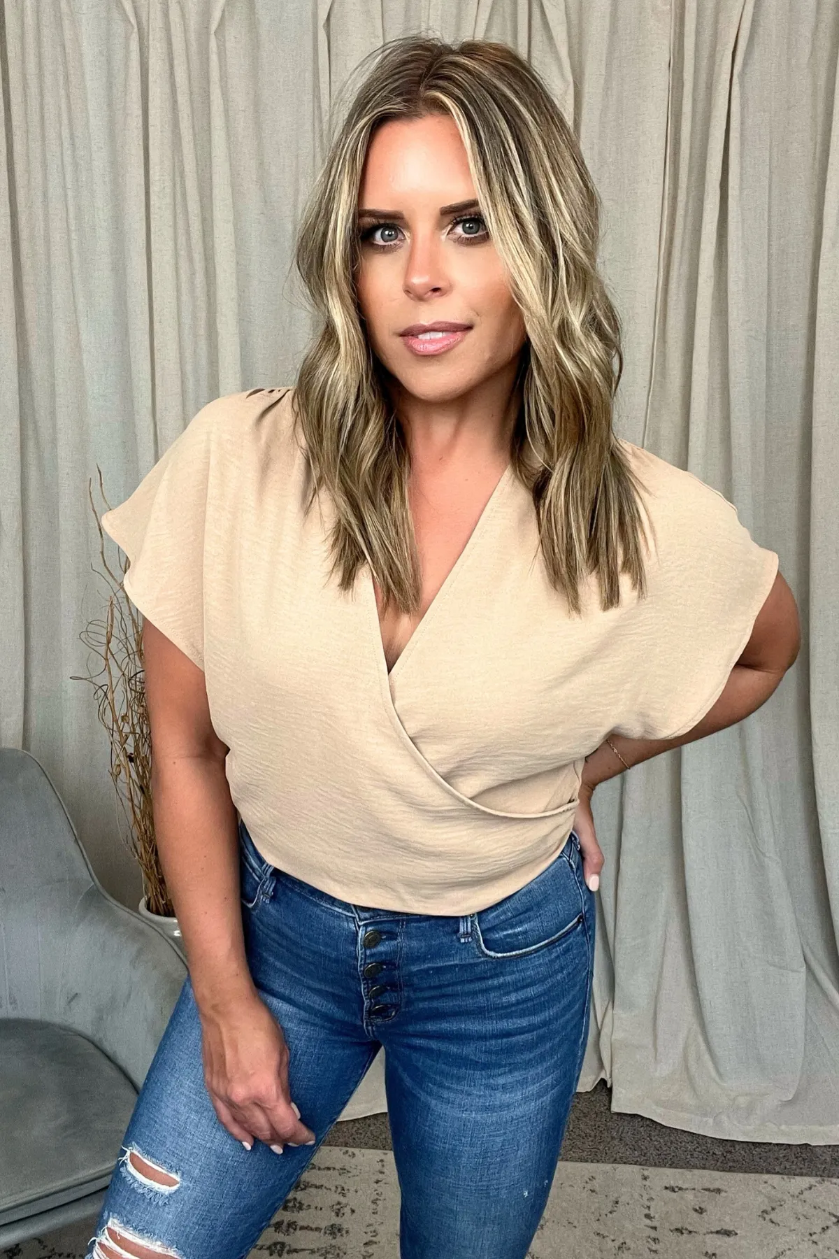 TAUPE SURPLICE WRAP BLOUSE