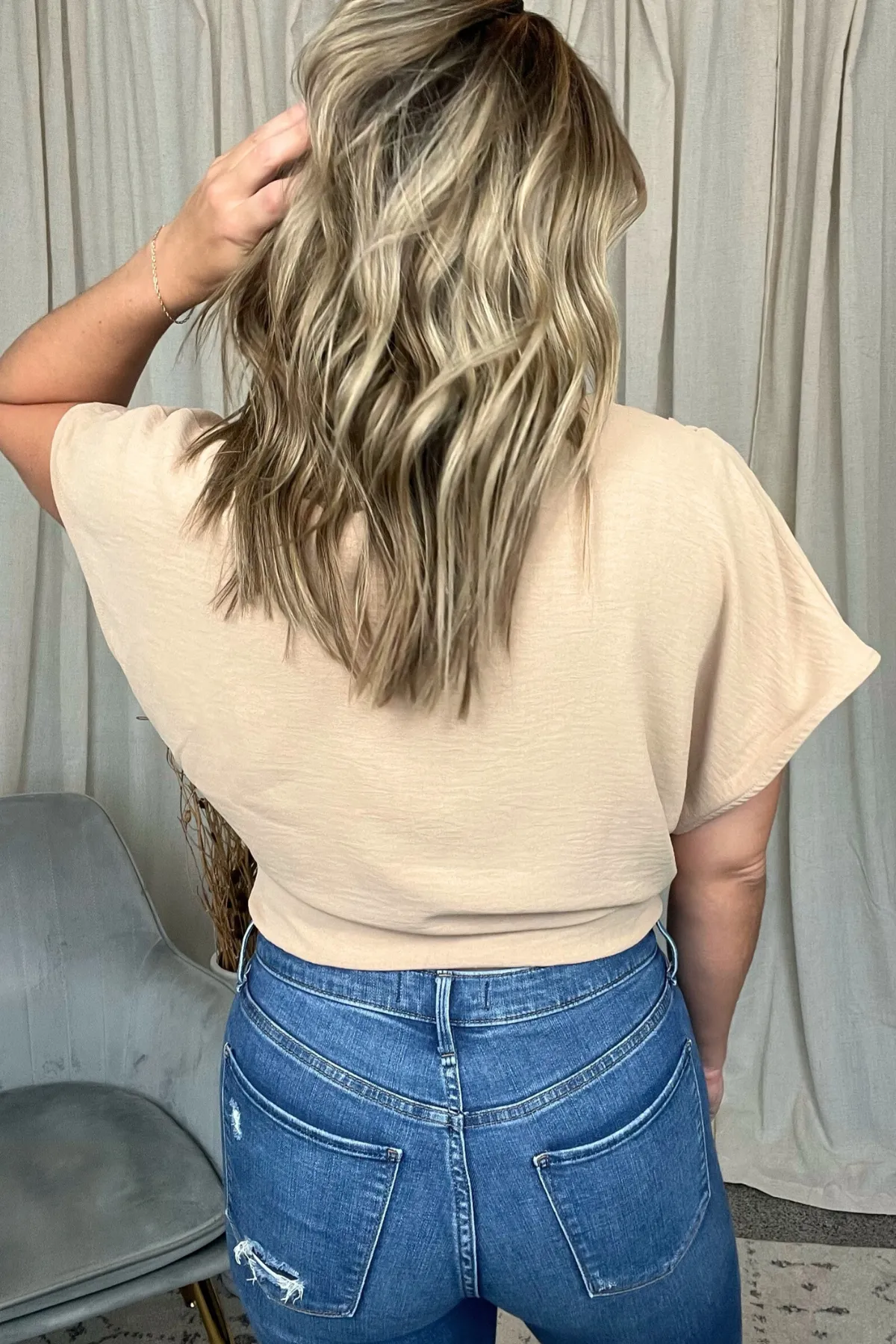 TAUPE SURPLICE WRAP BLOUSE