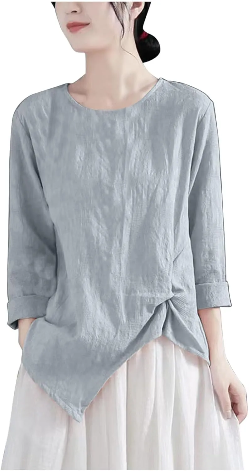Vintage Linen Shirt for Women 3/4 Sleeve Twist Knot Front T Shirts Asymmetrical Hem Tunic Top Dressy Casual Blouse